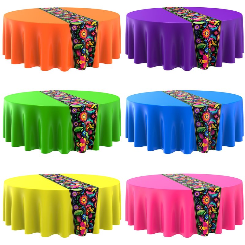 Oudain 6 Pcs Mexican Round Tablecloth 84 Inch Fiesta Plastic Table Cover Mexican Waterproof Disposable Table Cloth Decorative Day of the Dead Tablecloth(Multicolor)