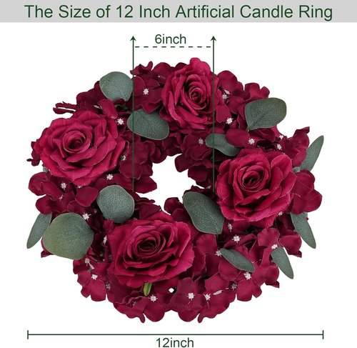 Artificial Flower Candle Rings - 6-Inch Burgundy Rose Floral Wreaths with Butterflies for Weddings & Events