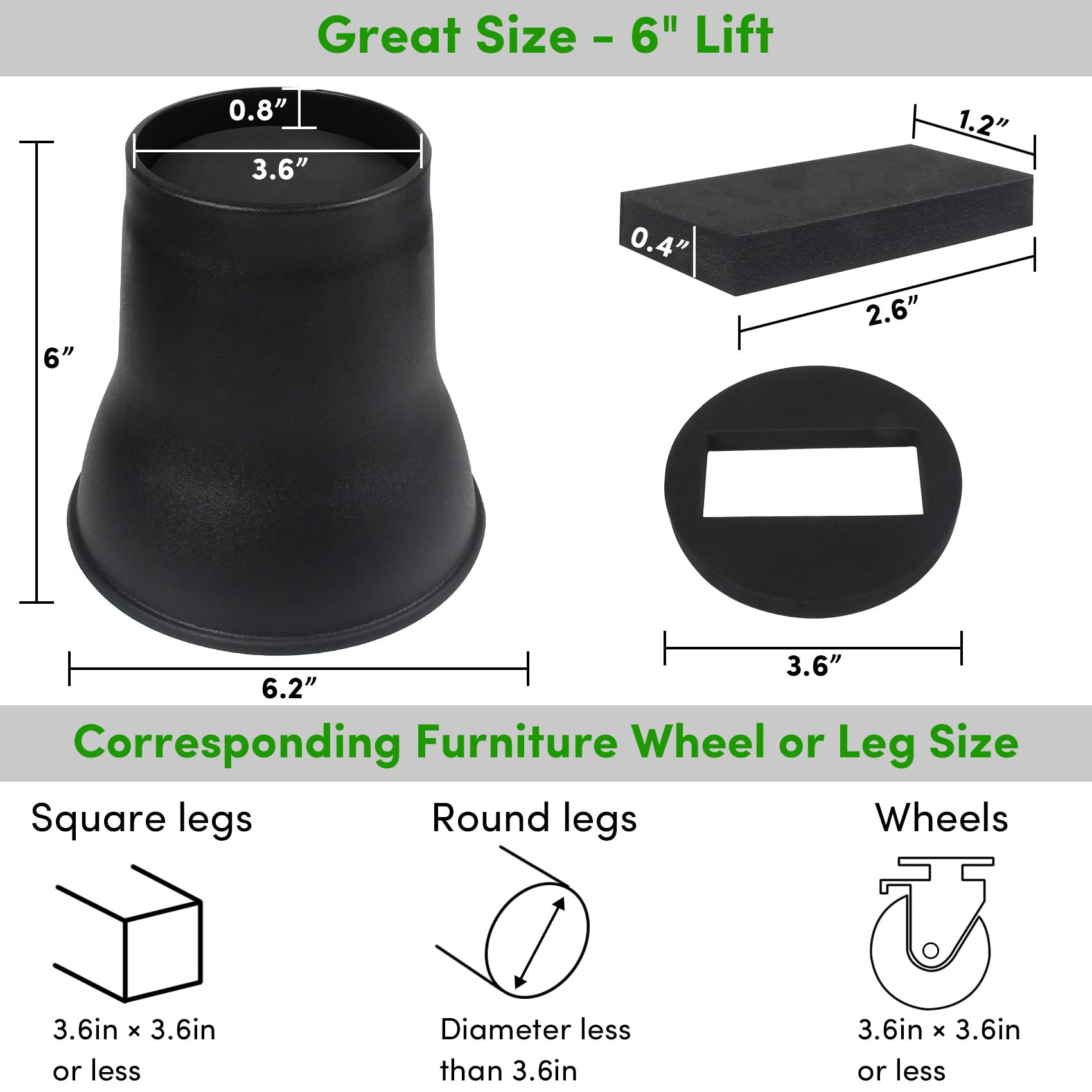 DEDU Bed Risers 6 Inch Heavy Duty 9 Pack, Furniture Risers with Caster Pads Supports Up to 6600 Lbs, Round Couch Risers for Sofas, Couch, Desk or Chair (Black)