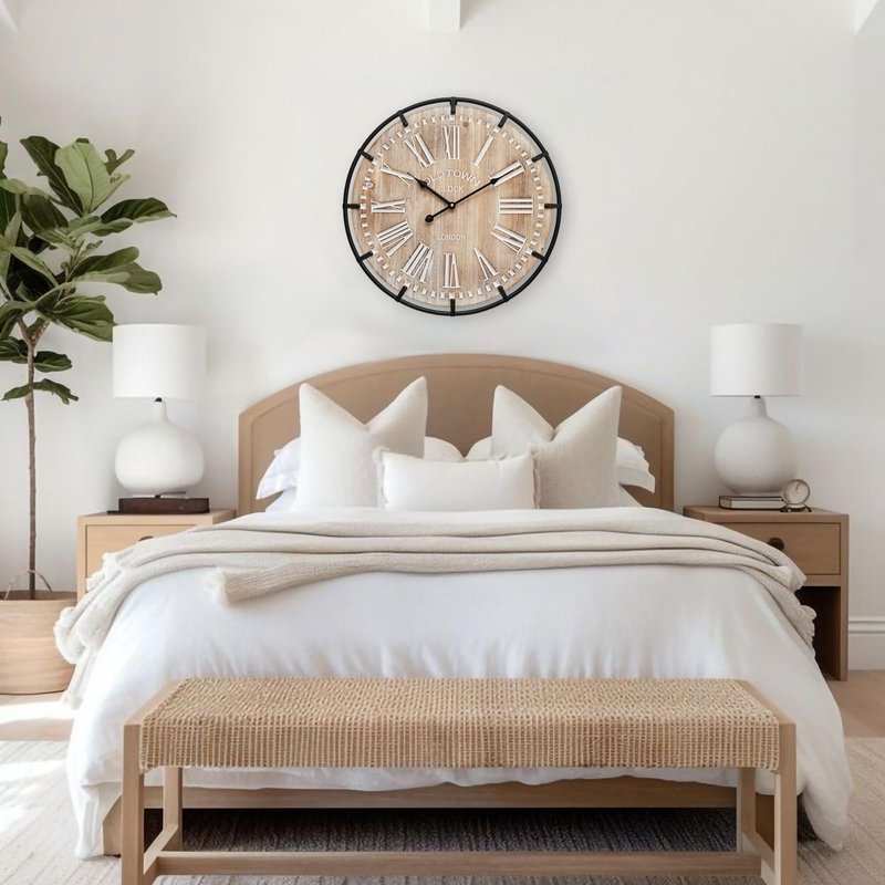 MICWIC 24 Inch Grand Farmhouse Wall Clock, Vintage-Inspired Wood & Metal Design with Large Etched Numbers, Silent Battery-Powered Timepiece for Offices, Kitchens, Bedrooms, and Living Rooms