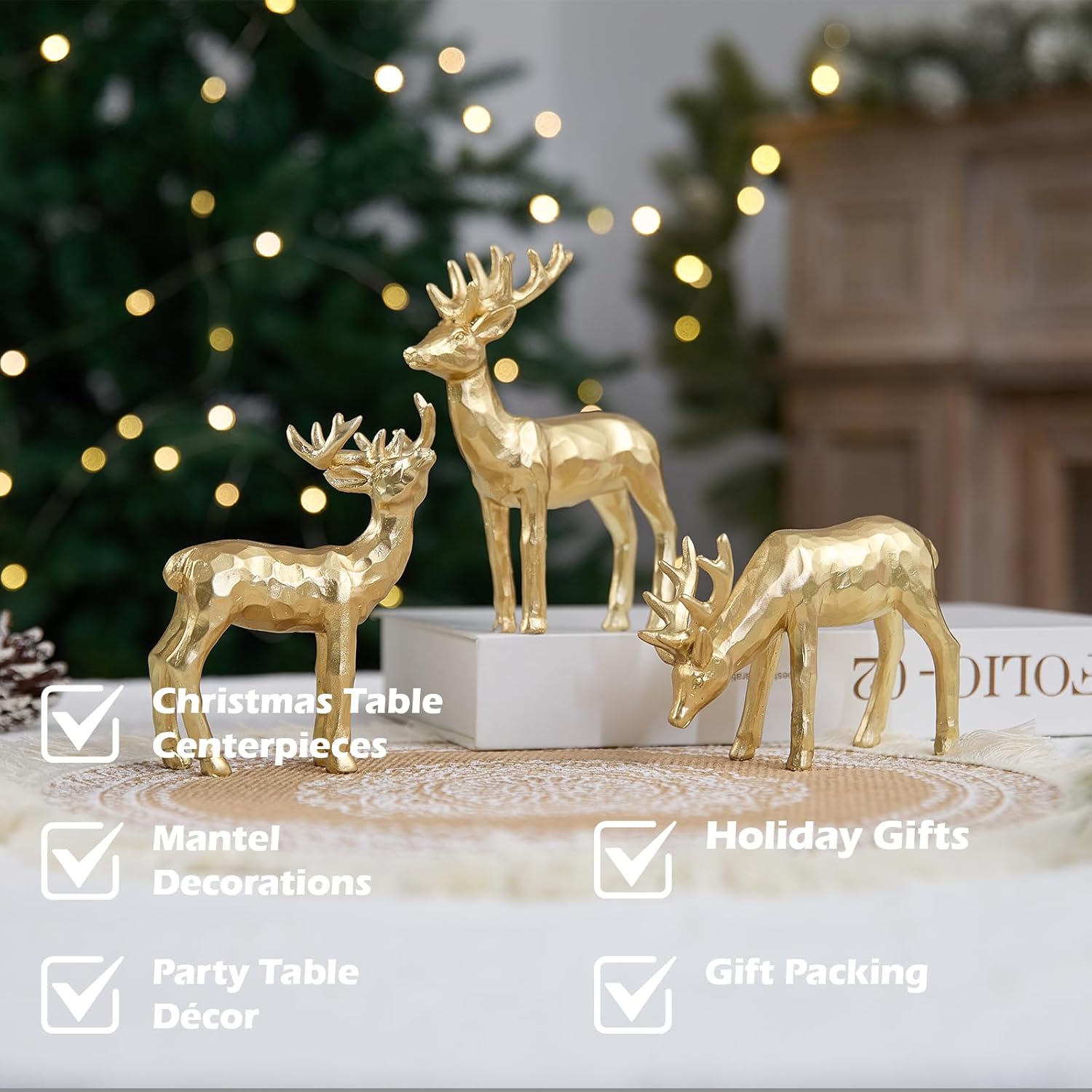 Skiennix 3pcs Resin Reindeer Figurines - Gold Christmas Decor for Tabletop & Mantle