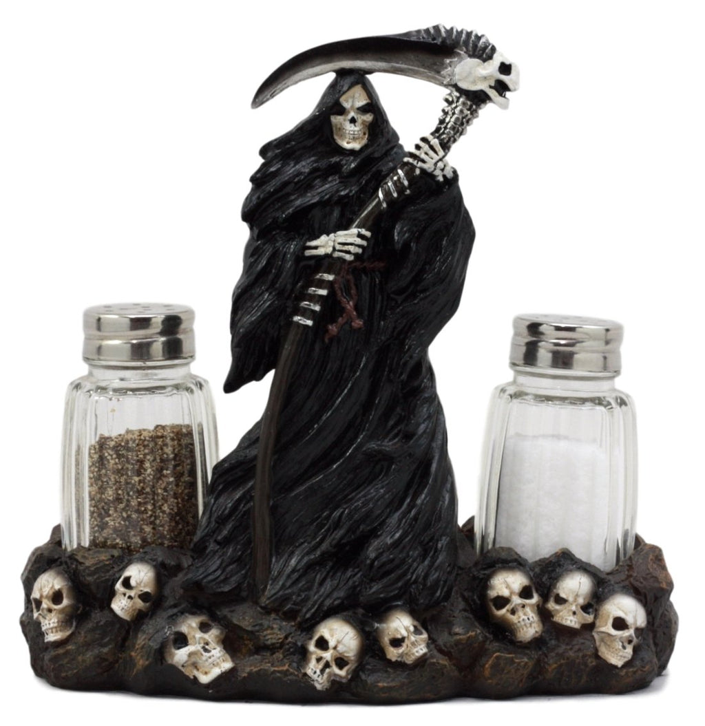 Ebros Gift Day Of The Dead Grim Reaper Standing On Skull Graveyard Salt & Pepper Shakers Holder Figurine Set 6.25"H