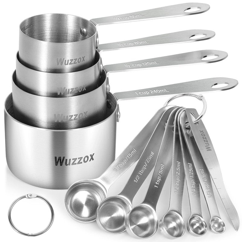 Wuzzox Stainless Steel Measuring Cups & Spoons Set of 11, Stackable Metal Measuring Cups & Spoons, Kitchen Gadgets for Cooking & Baking