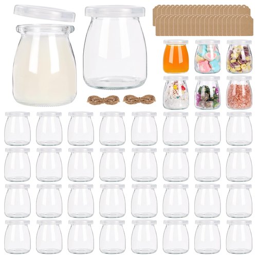 CAKKVDE 40 Pack 6.7 oz Mini Glass Jars with PE Lids - Small Yogurt/Pudding Containers for Wedding Favors, Honey, Spices & DIY Crafts (Includes Labels & String)