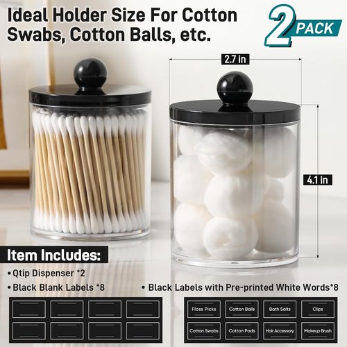 Acrylic Qtip Holder Dispenser Set by [Brand Name] - 2 Pack Clear & Black Canisters for Cotton Swabs, Balls, and Pads | Bathroom Vanity Storage Organizer