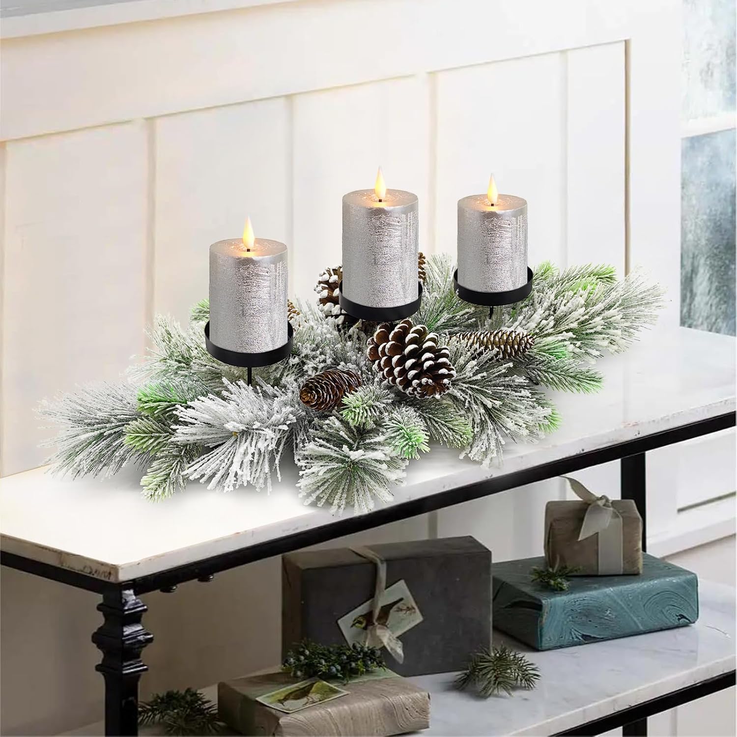 Regine Switzerland Christmas Table Centerpiece - 27.5 Inch Flocked Pine Needles & Frosted Pine Cones | Snowy Design
