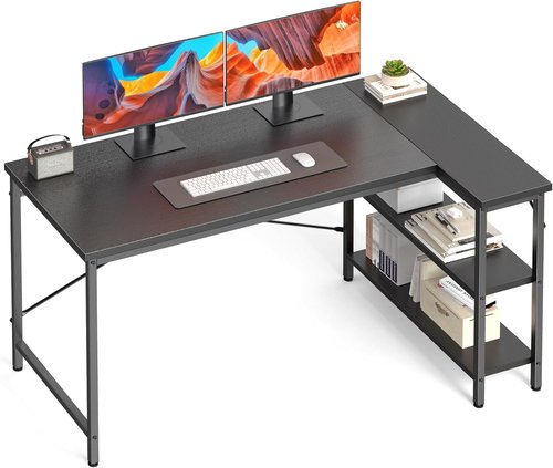 DUMOS L-Shaped Desk - 47 Inch Computer Desk with Reversible Storage Shelves - Modern Black for Home Office & Gaming