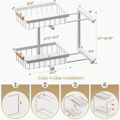 ADBIU Under Sink Organizer - Adjustable Height 2-Tier Pull-Out Drawers | Heavy-Duty Metal Shelf, White (11"-15.75")
