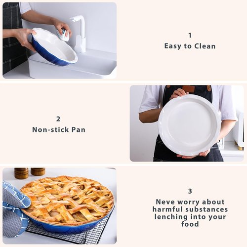 Lareina Ceramic Pie Pans - Non-Stick Deep Dish Set of 2, 9 Inch, Blue | Oven & Dishwasher Safe