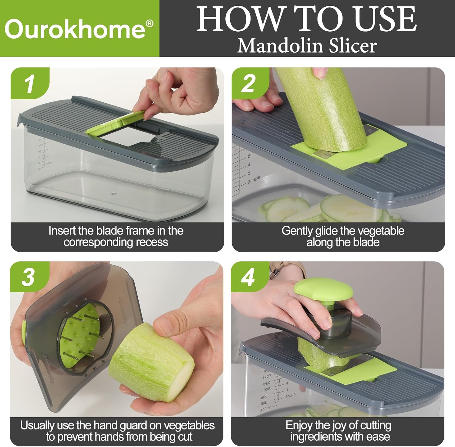 Ourokhome Manual Food Chopper & Mandolin Slicer - 8 Blades for Versatile Vegetable Dicing | Gray