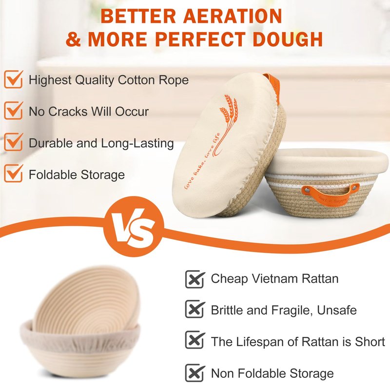 Reeple Banneton Sourdough Bread Proofing Basket Set of 2, Oval & Round Cotton Rope Bread Supplies Proofing Bowls with Liners and Covers for Sourdough Bread Baking