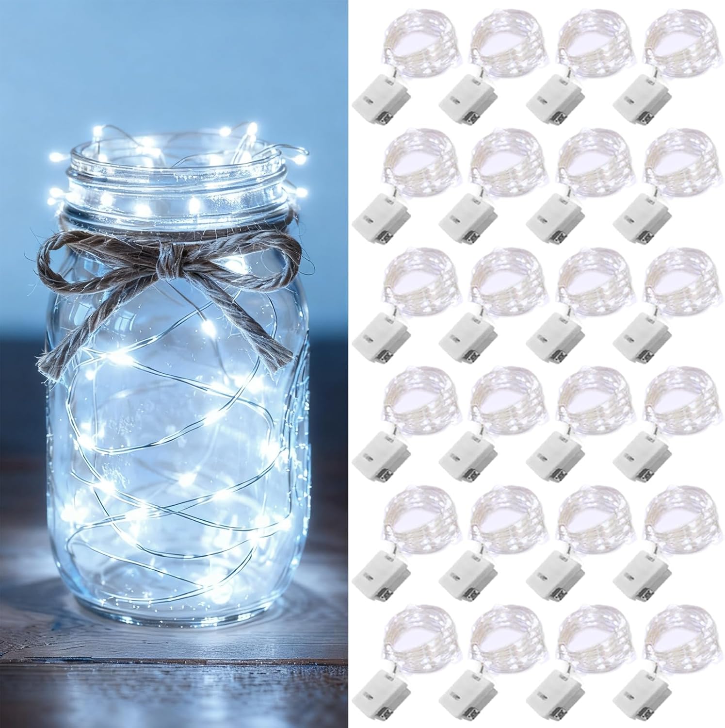 Skiennix 24 Pack Fairy Lights - Battery Operated 7ft 20 LED Mini Twinkle String Lights | Waterproof Silver Wire for Weddings & Christmas Decor, Cool White