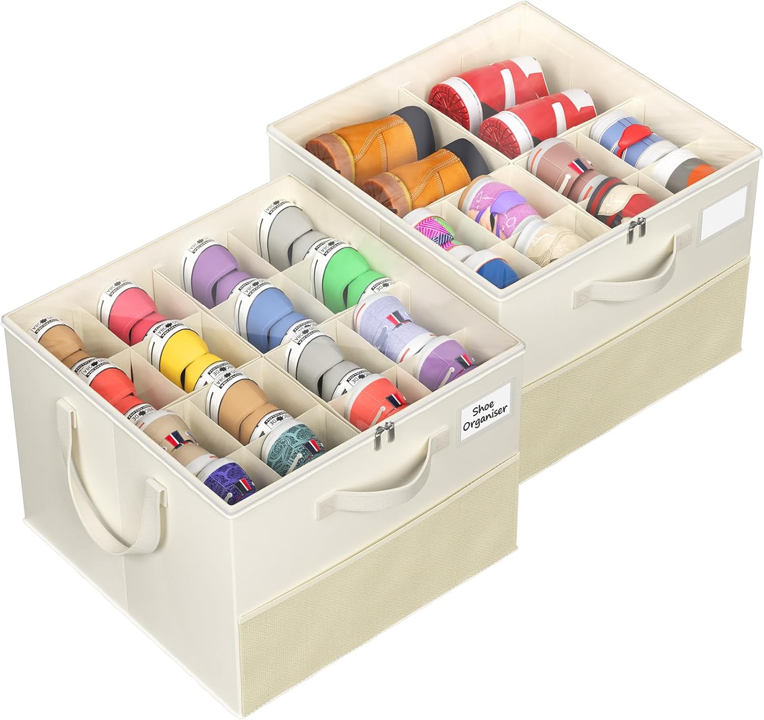 NestOrganix Shoe Organizer - Large Foldable Storage Box with Adjustable Dividers & Clear Cover | Beige 2-Pack