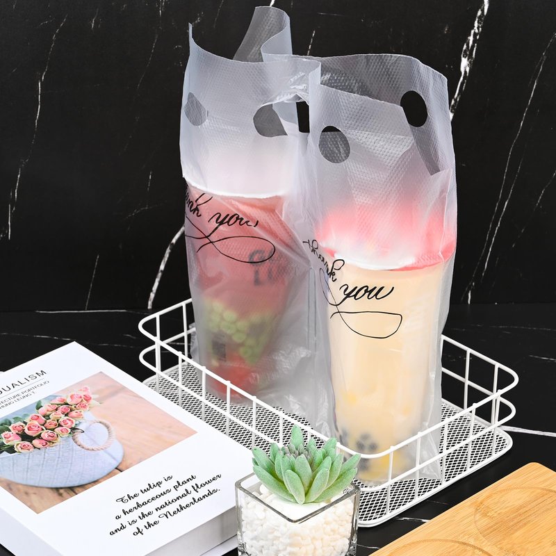 MJOGGOTT 500 Pack Clear Plastic Drinking Bags, Cup Carrier with Handle, Thank You Disposable Cup Holder for Drinks Beverage, Coffee, Juice, Stores, Bar Restaurant Take Out, Hold 1 and 2 Cups