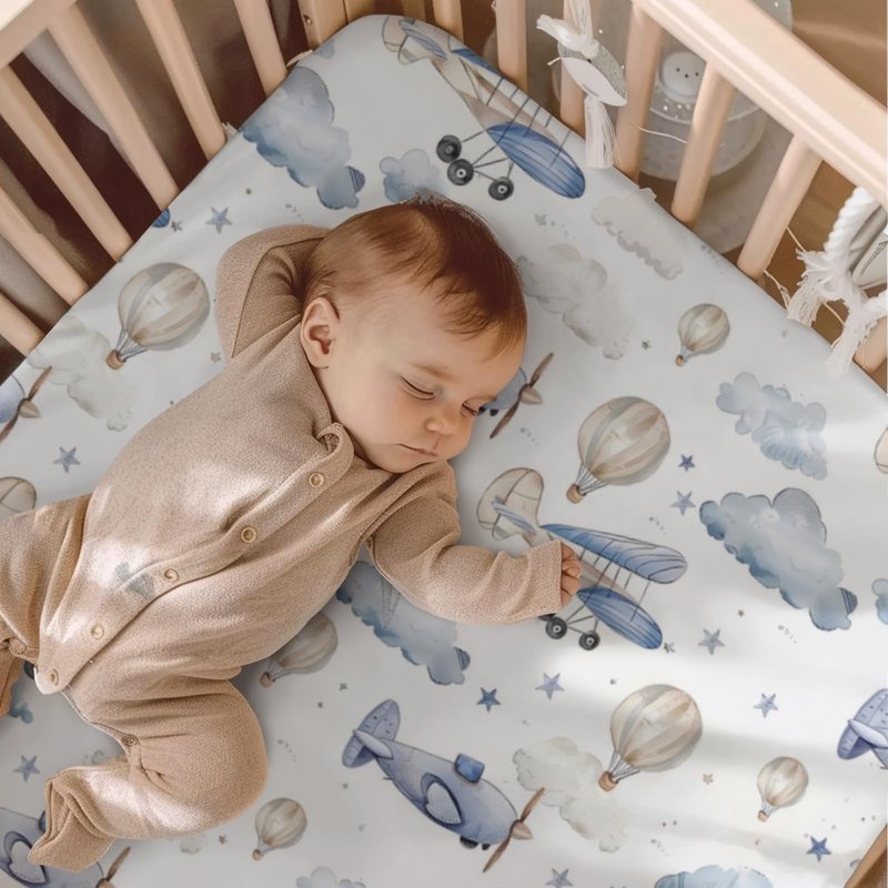 Plane Hot Air Balloons Transportation Pattern Baby Crib Sheet, Unisex Aircraft Clouds Stars Nursery Fitted Crib Bed Sheet for Boys Girls Standard Crib and Toddler Mattress-28x52