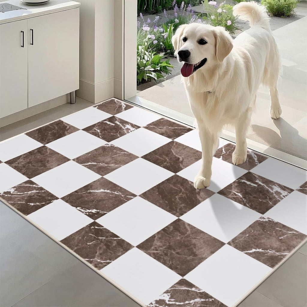 Yinhua Checkered Rug - Washable Brown and White Area Rug | Soft Non-Slip 2x3 Entryway Mat