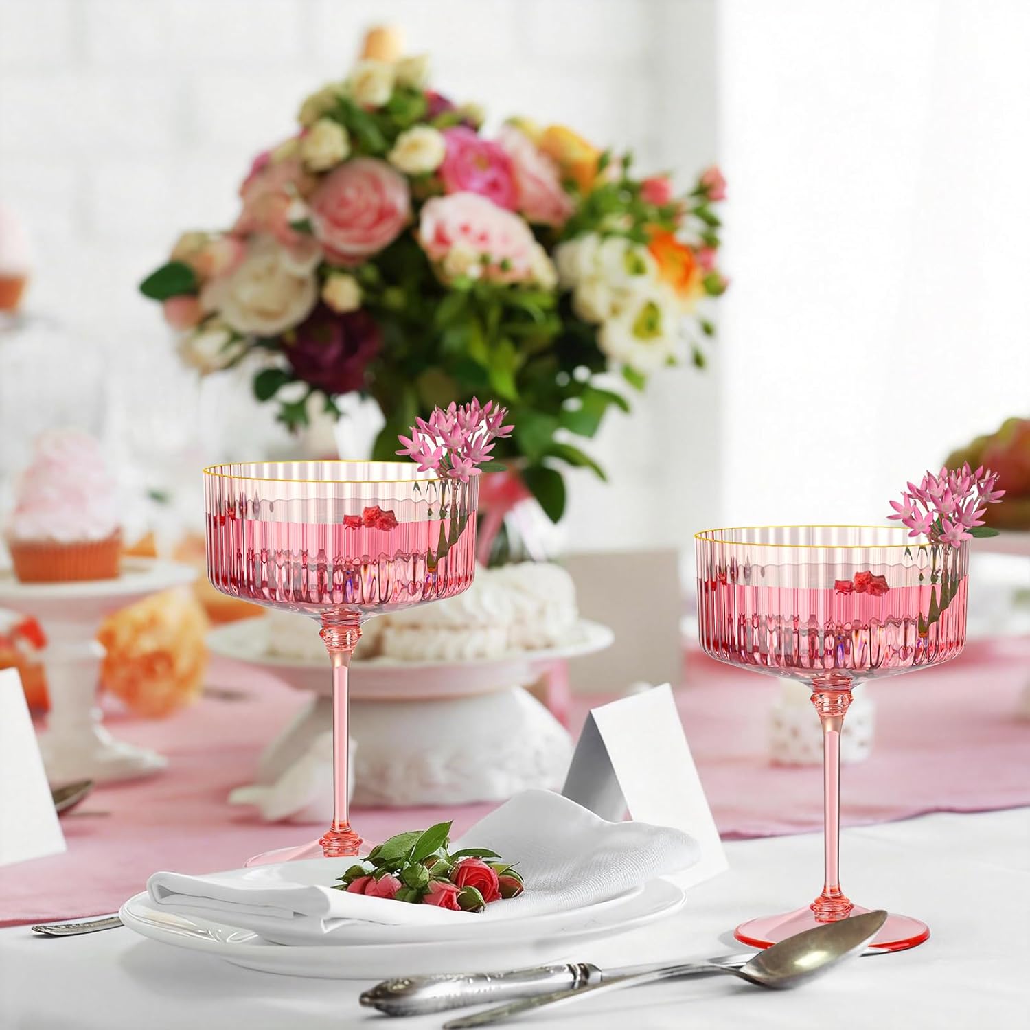 Skiennix 12 PCS Pink Ribbed Coupe Glasses - 10oz Vintage Cocktail Cups with Detachable Gold Rim