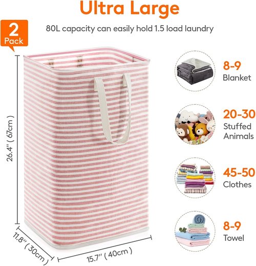 Lifewit 80L Collapsible Laundry Basket - Waterproof Clothes Hamper with Reinforced Handles | Pink & Blue Set
