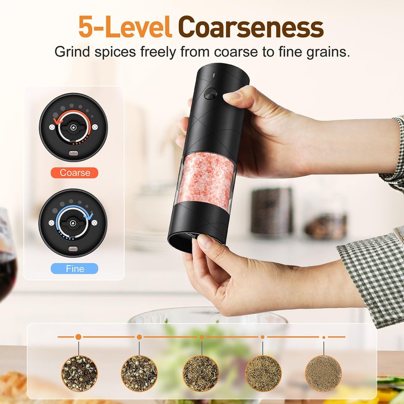 Electric Salt and Pepper Grinder Set, Rechargeable Automatic Pepper Mill Grinder with LED the Gifts for Women, Adjustable Coarseness shakers, One-Hand Operation for Kitchen Appliances Christmas Gifts