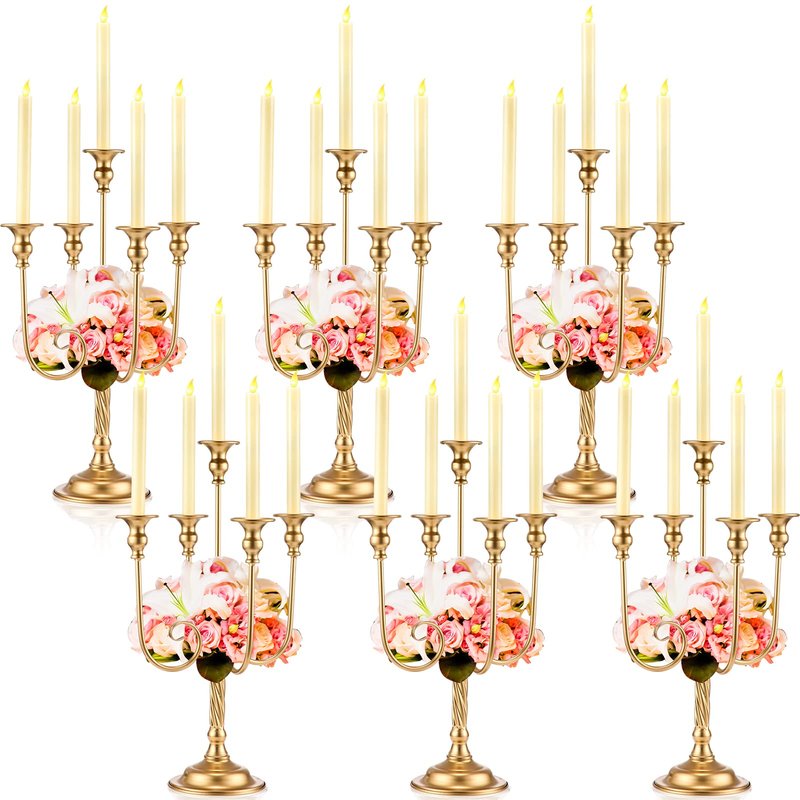Rtteri 6 Pcs Gold Candelabra Candlestick Holder Metal Candle Stand Candelabra for Taper Candles Table Centerpieces Wedding Christmas Holiday Birthday Party (9.5 x 9.5 x 19.7 Inch,3 Arm)