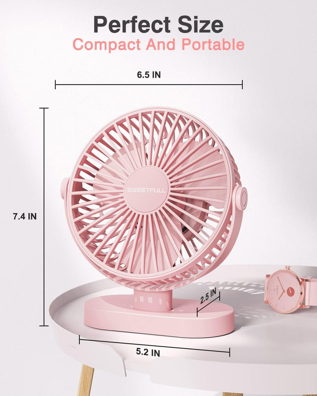 Sweetfull USB Desk Fan - 3-Speed Portable Mini Fan with 360° Rotation | Quiet Operation for Home & Travel (Pink)