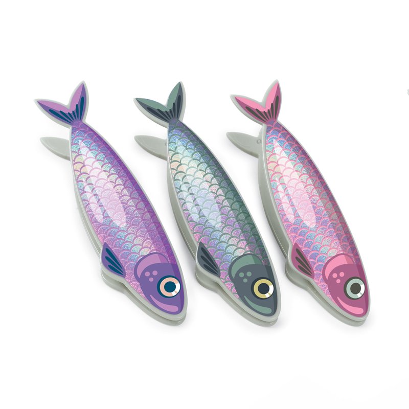 Genuine Fred FISH 'N CLIPS Sardine Bag Clips, Set of 4 Food Storage Clips, Iridescent Finish, Double-Sided, Durable Plastic and Stainless Steel Springs, Fun Kitchen Accessories and Great Gift