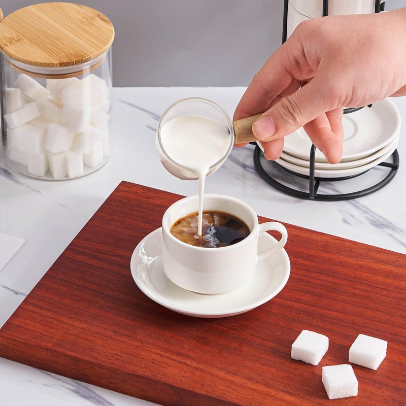 YOLIFE 2.5oz Espresso Cups Set of 4, Porcelain Stackable Espresso Cups with Saucers and Metal Stand, Expresso Shots Cup -White