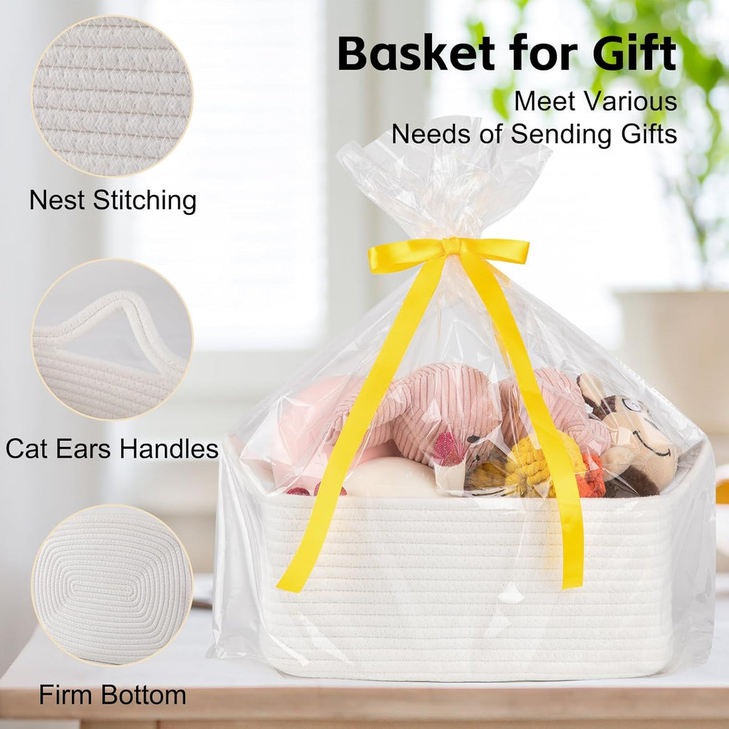 OIAHOMY Woven Storage Basket - Versatile Gift Basket with Handles for Baby Showers & Nursery - White