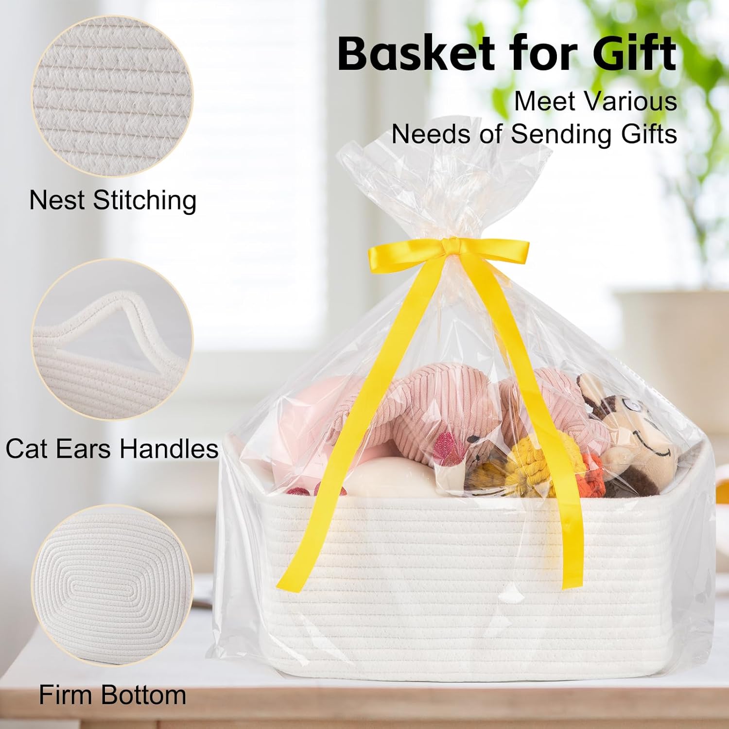 OIAHOMY Woven Storage Basket - Versatile Gift Basket with Handles for Baby Showers & Nursery - White