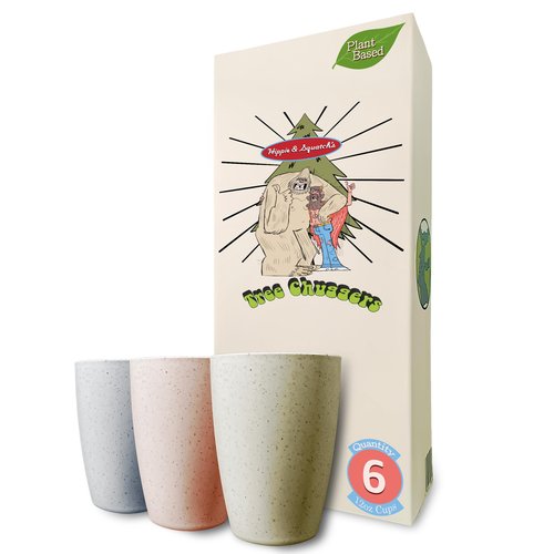 Hippie & Squatch's Tree Chuggers Plant Based Reusable Cups 12 oz - 6 Count - Wheat Straw Plastic Alternative Cups - Dishwasher Safe Tumblers - Unbreakable Drinking Glasses