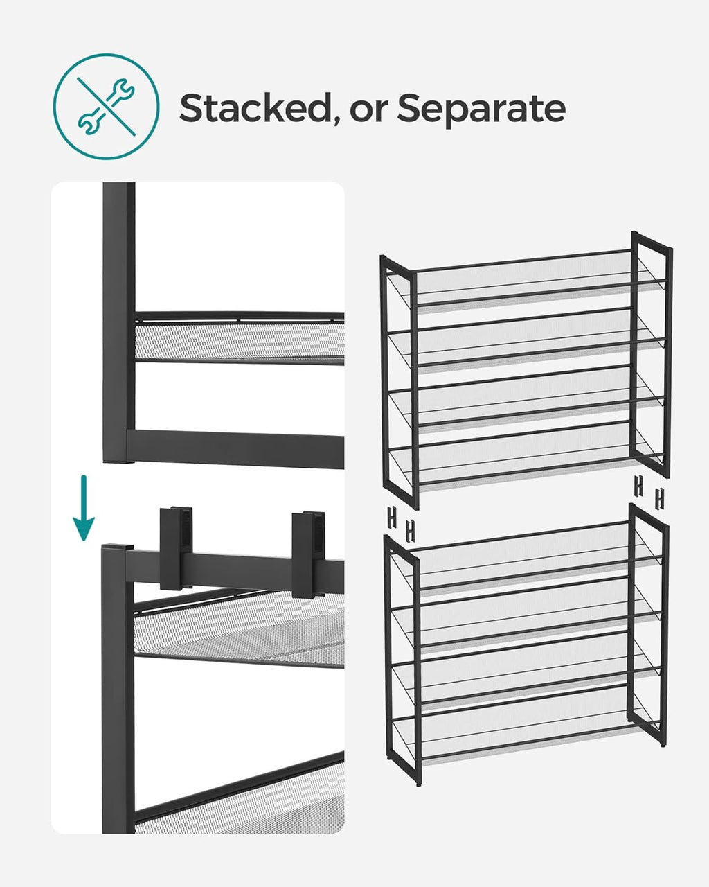 SONGMICS 8-Tier Shoe Rack - Metal Organizer for Garage | Set of 2 Stackable Shelves, Holds 32-40 Pairs, Ink Black