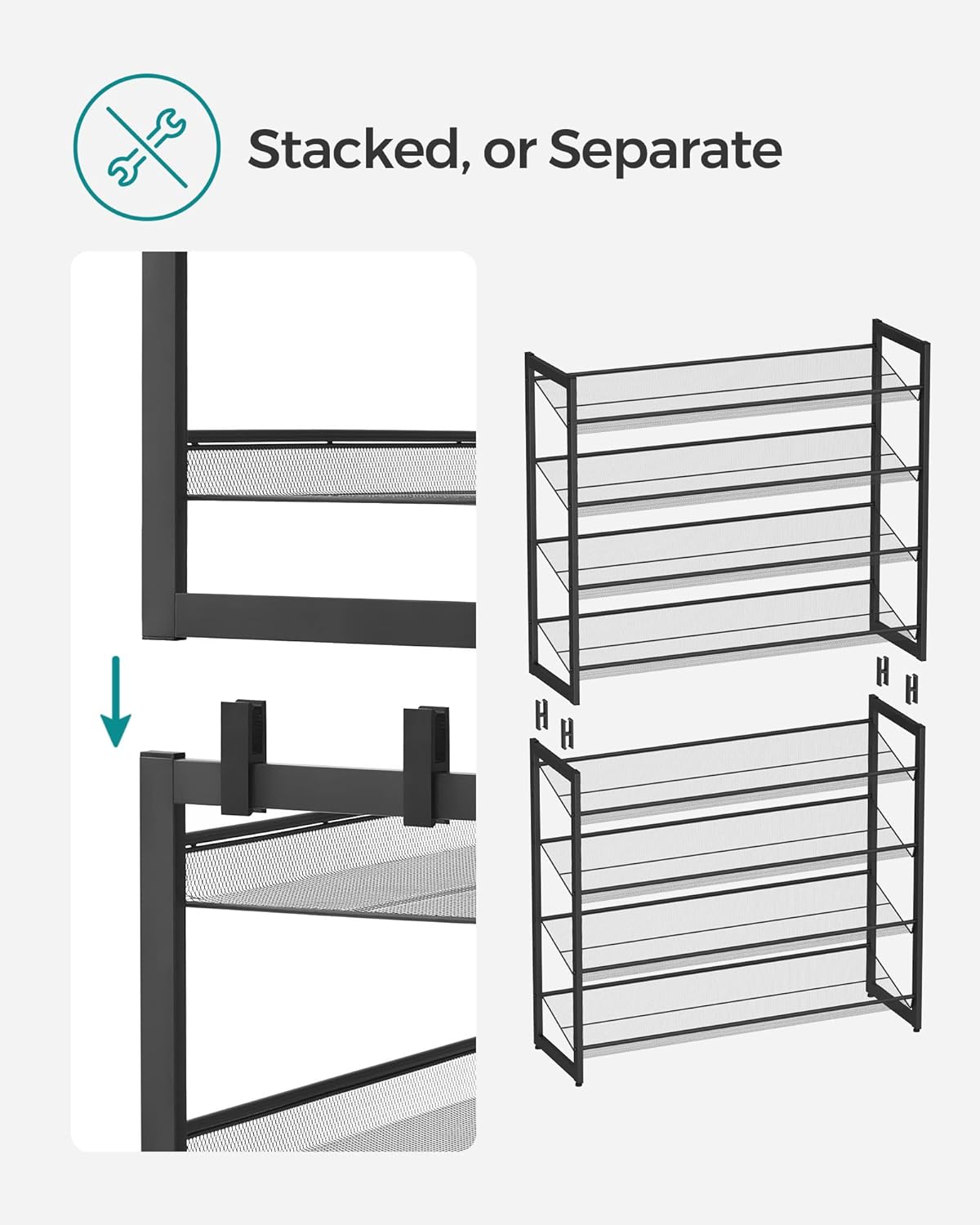 SONGMICS 8-Tier Shoe Rack - Metal Organizer for Garage | Set of 2 Stackable Shelves, Holds 32-40 Pairs, Ink Black