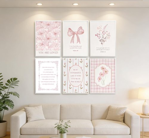 CBLIORUD Pink Christian Flower Canvas Wall Art - 6Pcs Bible Verse Decor for Girly Bedroom & Nursery