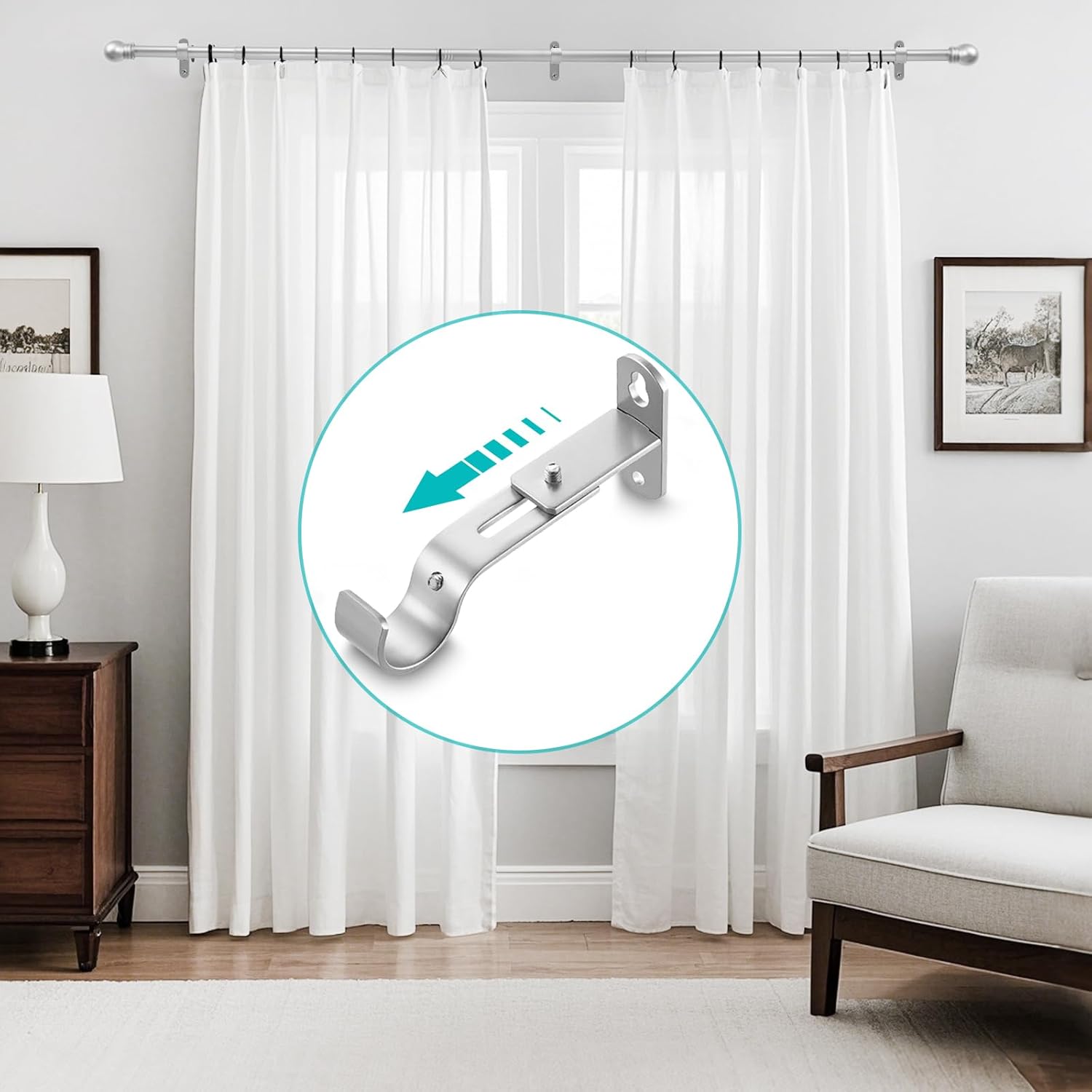 Skiennix Adjustable Curtain Rod Brackets - Metal Drapery Rod Holders for 1 Inch Rods | Satin Silver, Set of 2