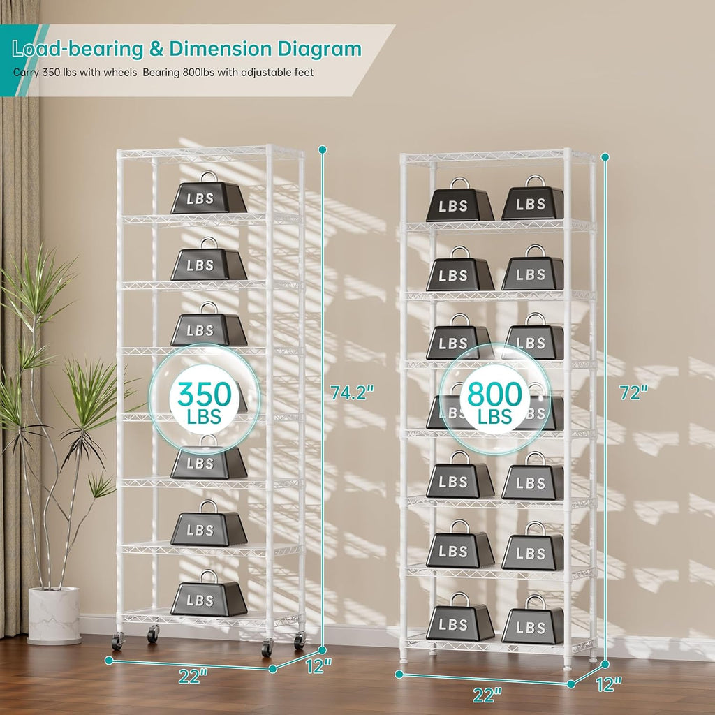 SINGAYE 8-Tier Metal Shelf Organizer - Adjustable Wire Shelving Unit for Kitchen, Garage & Pantry | 12" D x 22" W x 74" H - White