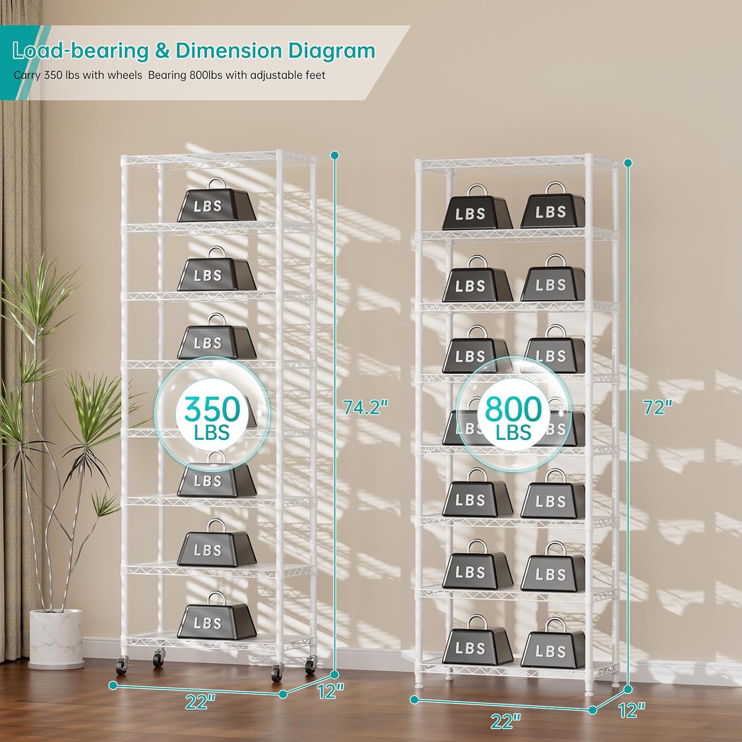 SINGAYE 8-Tier Metal Shelf Organizer - Adjustable Wire Shelving Unit for Kitchen, Garage & Pantry | 12" D x 22" W x 74" H - White