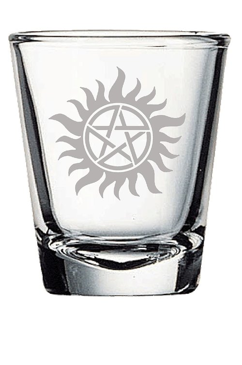 SPN Supernatural Shot Glass Set of Four: Supernatural Gifts Set Saving People Hunting Things, Stay Inside The Salt Ring, Dean's Baby, Anti-Possession Shot Glasses for Supernatura Fan, ENGRAVED 1.5oz.