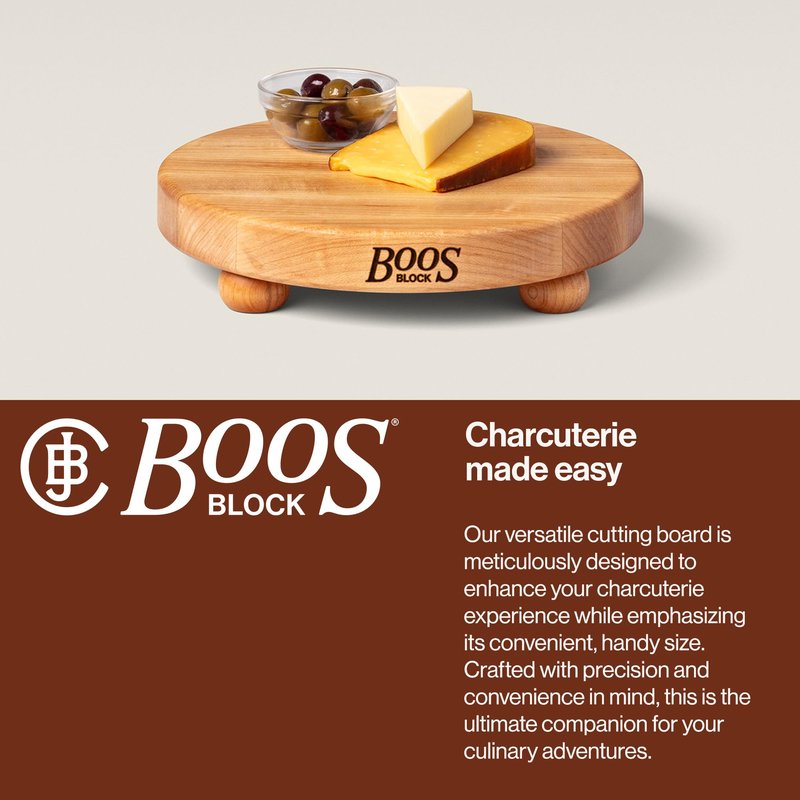 John Boos B Series Round Wooden Maple Cutting Board 12”x12” – 1.5” Thick, 12-lb Non-Reversible Butcher Block with Wood Bun Feet & Edge-Grain