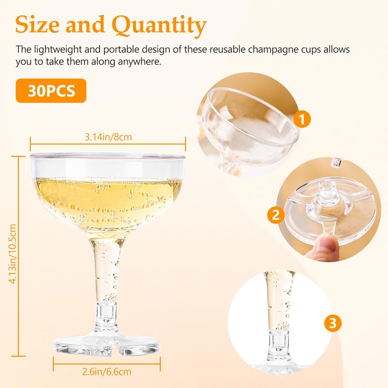 DORONAN 30 Pack Plastic Champagne Glasses 5 oz Champagne Coupe Unbreakable Plastic Cocktail Glasses Acrylic Martini Glasses Champagne Tower for Wedding Birthday Party Bar (Gold Glitter)