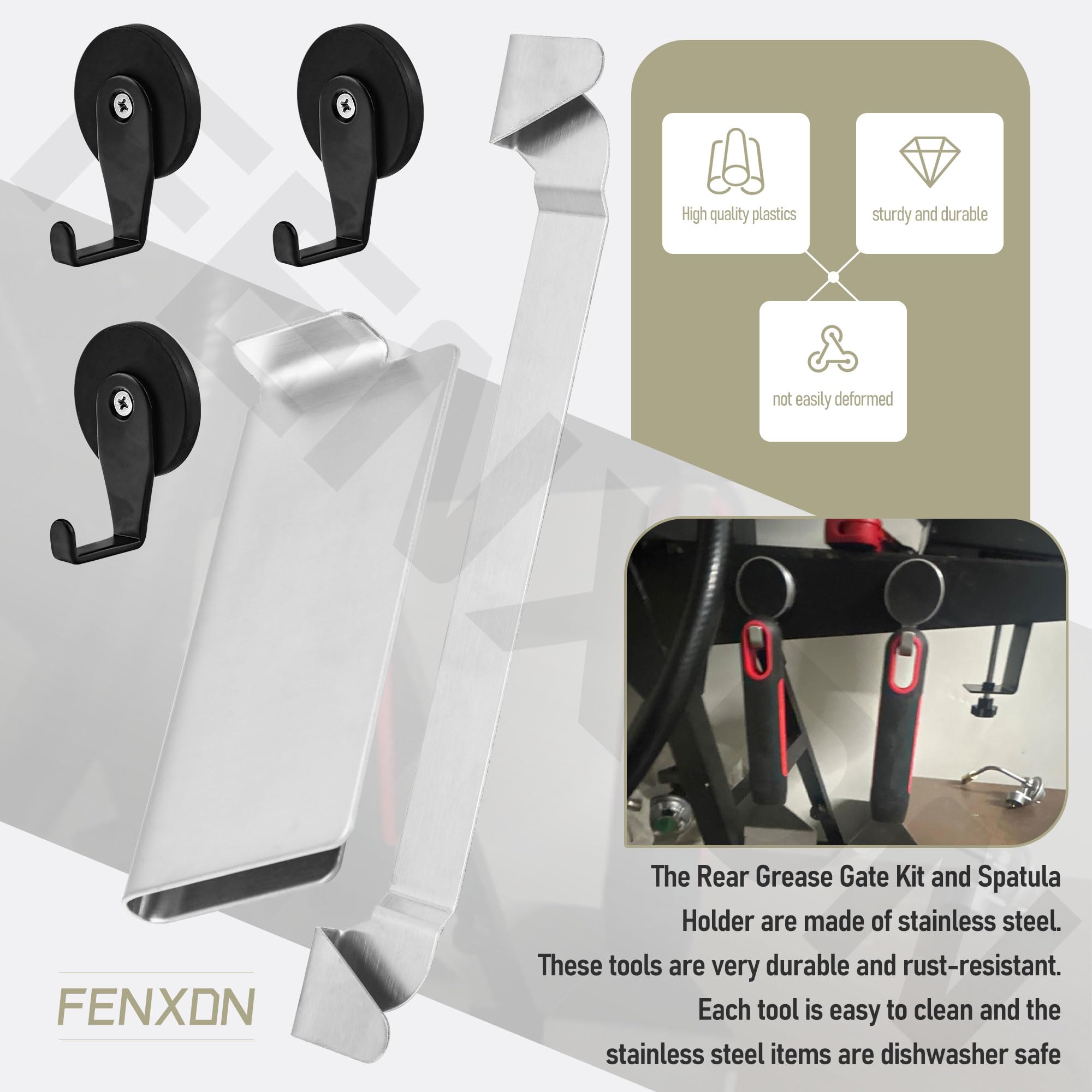 For Blackstone 5188 Rear Grease Gate, 3 Magentic Hooks and Tool Combo, Flat Top Griddle Accessories