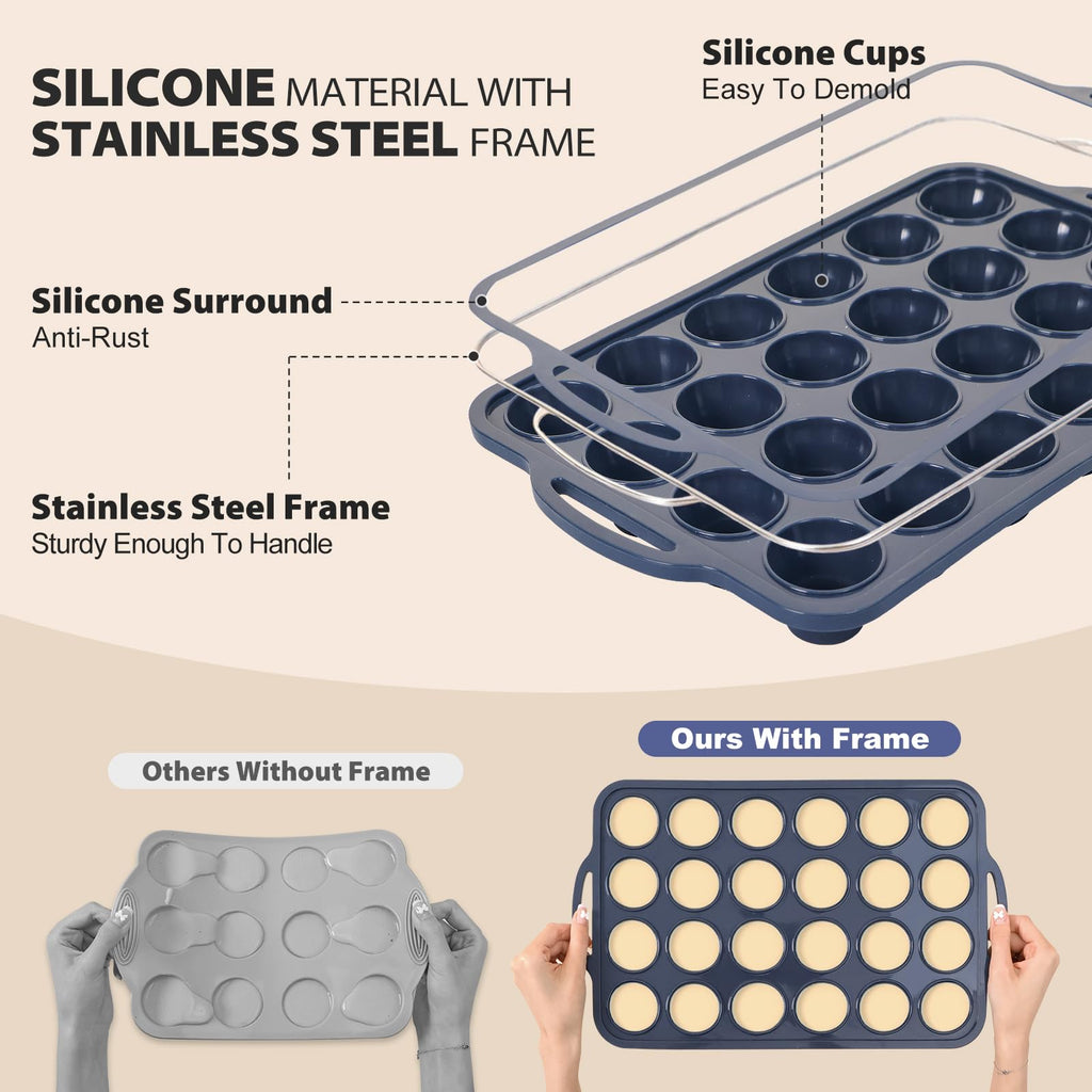 Vnray 2 Pack Mini Silicone Muffin Pan with Metal Frame, Non Stick Silicone Cupcake Pan with Handles 24 Cup, BPA Free Silicon Muffin Tin Tray Small for baking, egg bites, Cupcake Mold Grey