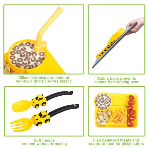 Deinyi Construction Toddler Plates - Construction Utensils for Toddlers - Easter and Birthday Gift Toddler Utensils for 1 2 3 4 5 6 7 year - Yellow