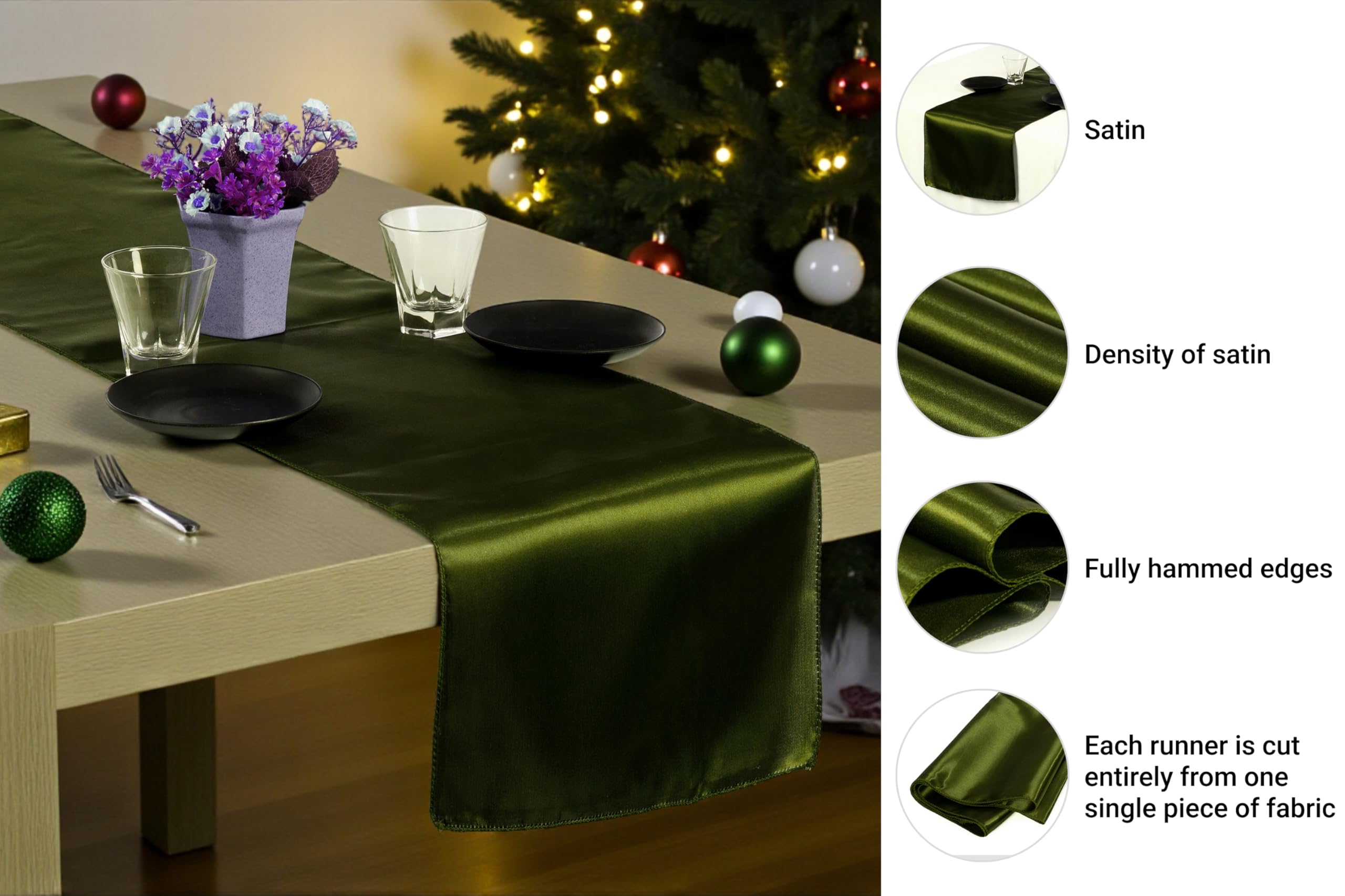 MDS Pack of 10 Satin Table Runners 12 x 108 Inch Long Wedding Sateen Bright Silk Smooth Table Runner for Wedding Reception Birthday Graduation Party Event Banquet Dinner Decoration - Olive Green