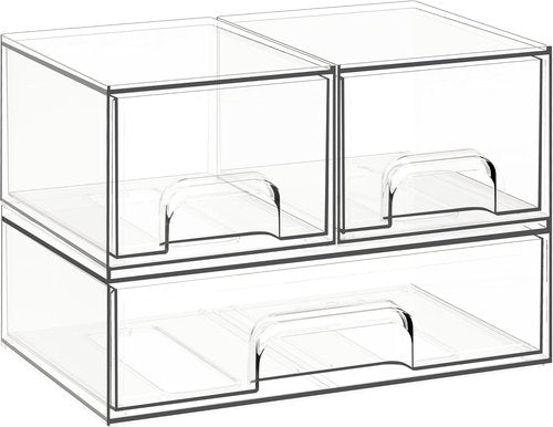 Criusia Stackable Storage Drawers - 3 Pack Clear Acrylic Makeup Organizer for Vanity & Kitchen Cabinets