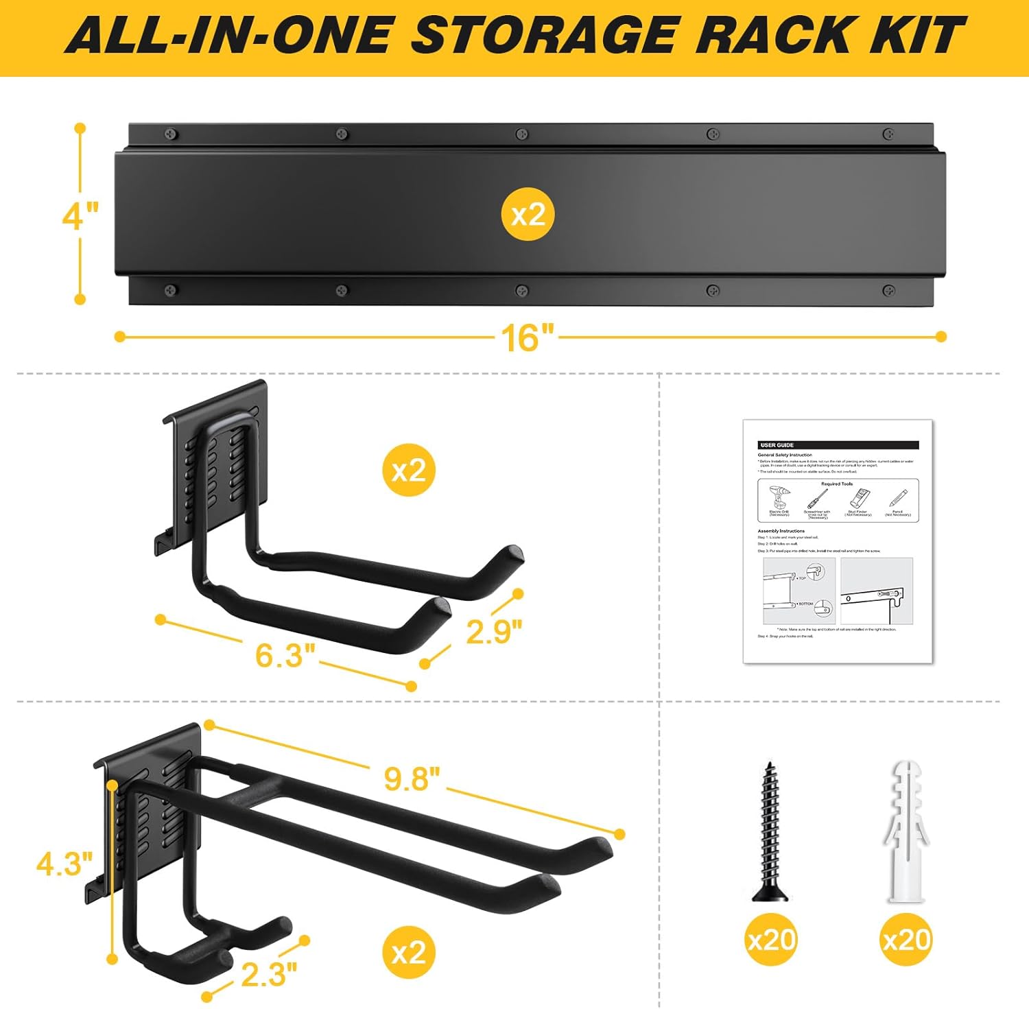 UUP Garage Storage Organizer - 32 Inches Wall Mount Tool Rack with Adjustable Metal Hooks | Heavy Duty 300lbs Capacity