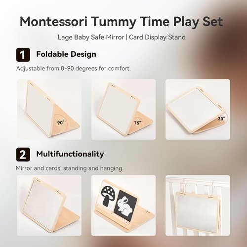 IEATFO Tummy Time Play Set - Adjustable Double-Sided Design with Safe Mirror & High Contrast Cards