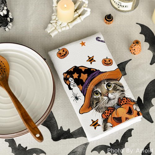 Artoid Mode Pumpkin Cat Happy Halloween Kitchen Towels Dish Towels, 18x26 Inch Spider Web Jack-O'-Lantern Decoration Hand Towels Set of 2