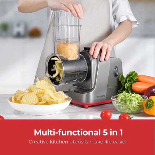 Electric Cheese Grater, Salad Maker With 5 Different Shapes of Blades, 250W Electric Slicer Shredder, Electric Salad Machine for Cheeses, Fruits and Vegetables, Silver