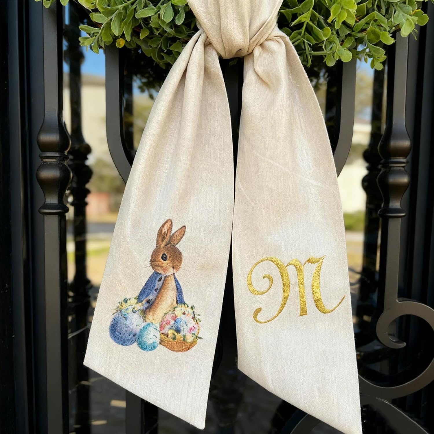Skiennix Rabbit Easter Wreath - Custom Embroidered Monogram Bunny Sash for Front Door Decor (Small)