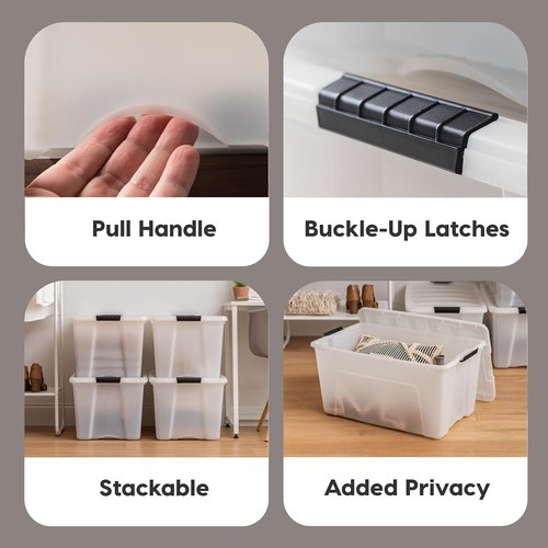 IRIS USA 54 QT Plastic Storage Box - BPA-Free, Durable Nestable Containers with Lid & Latches - Pearl | 4 Pack
